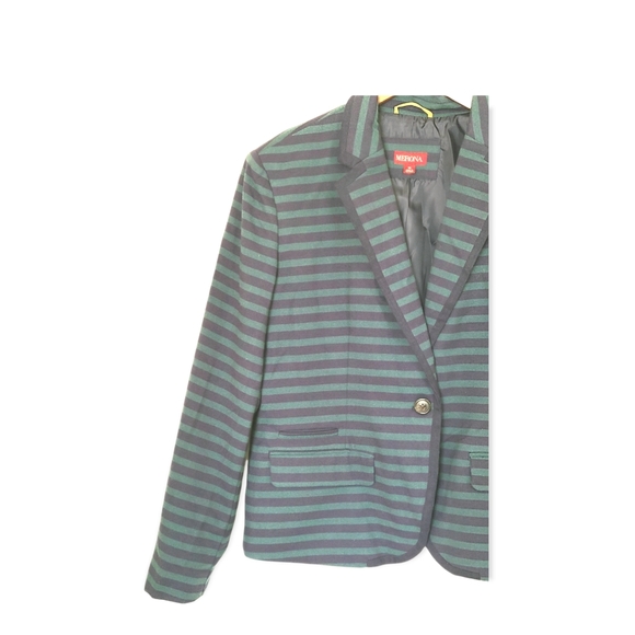 Merona Casual Blazer Jacket Women Green & Blue Striped Career One Button Size 14 - Picture 4 of 6